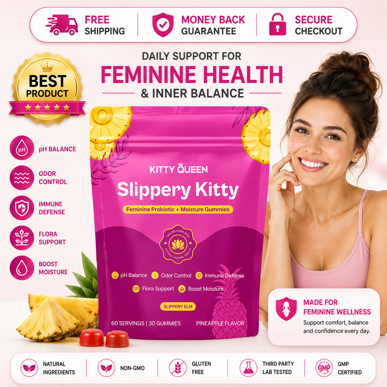 Kitty Queen Slippery Kitty feminine probiotic and moisture gummies for women's wellness.