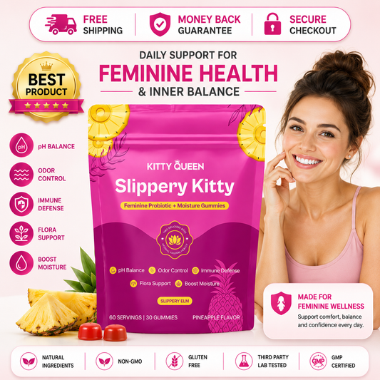 Kitty Queen Slippery Kitty feminine probiotic and moisture gummies for women's wellness.