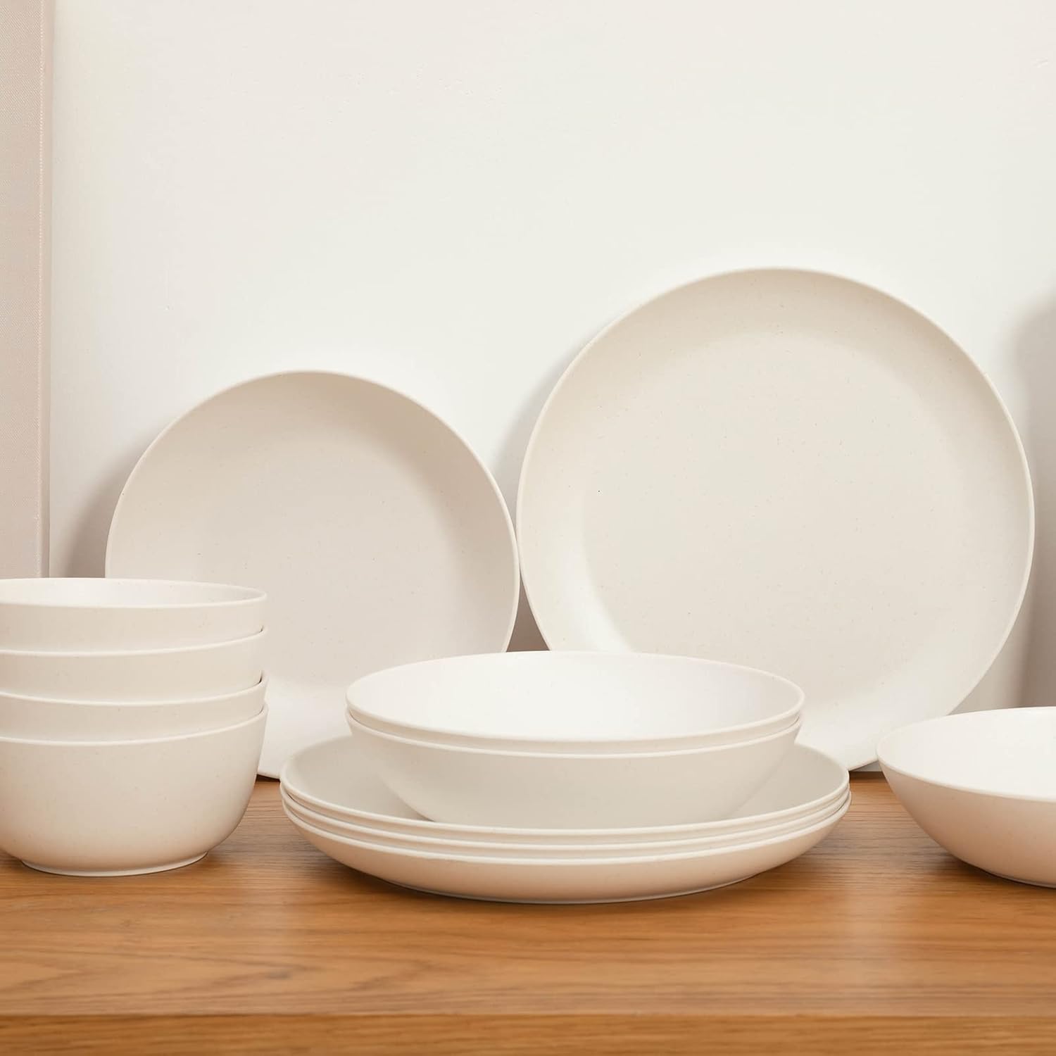 LEHAHA Bamboo White Kitchen Plates and Bowls Set, 12 Piece Non-Breakable Melamine Dinnerware Sets, Eco-Friendly Dishes Sets for 4, 12 Piece Reusable Tableware Set for Outdoor Dining, Patios, Rvs, BBQ