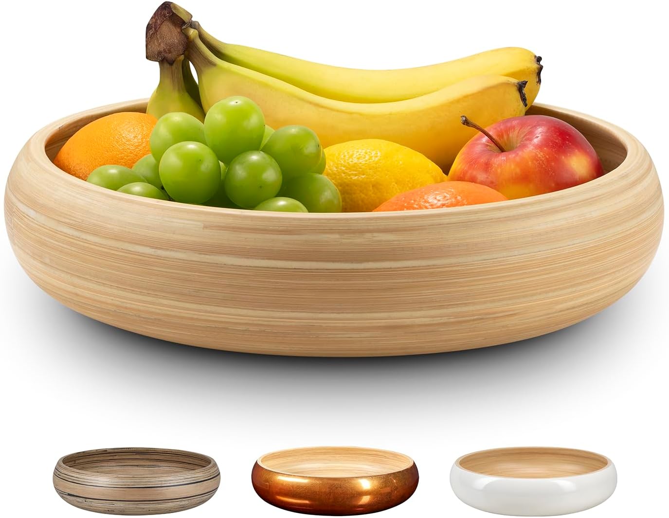 LEXA 12" Handmade White Bamboo Wooden Fruit Bowl for Kitchen Counter - 130 Oz Lightweight Large Bamboo Wood Salad Bowl