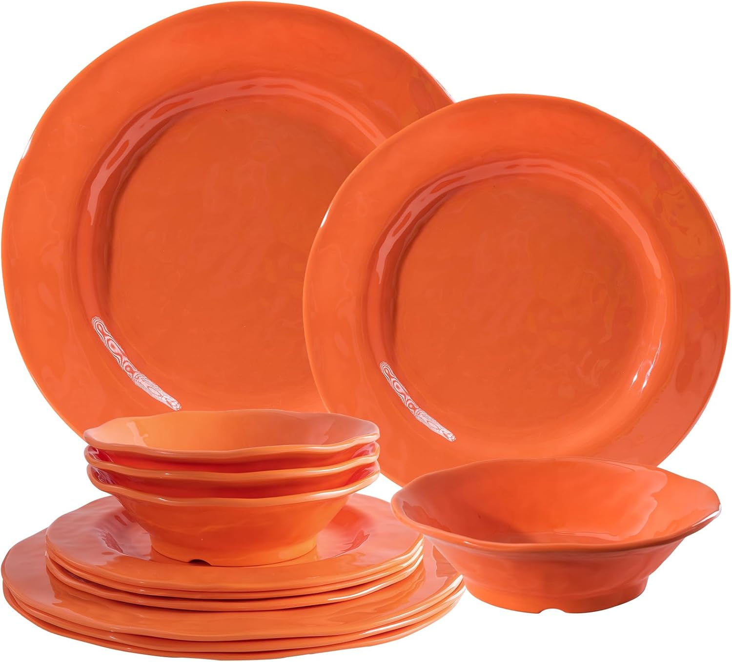LEHAHA Bamboo White Kitchen Plates and Bowls Set, 12 Piece Non-Breakable Melamine Dinnerware Sets, Eco-Friendly Dishes Sets for 4, 12 Piece Reusable Tableware Set for Outdoor Dining, Patios, Rvs, BBQ