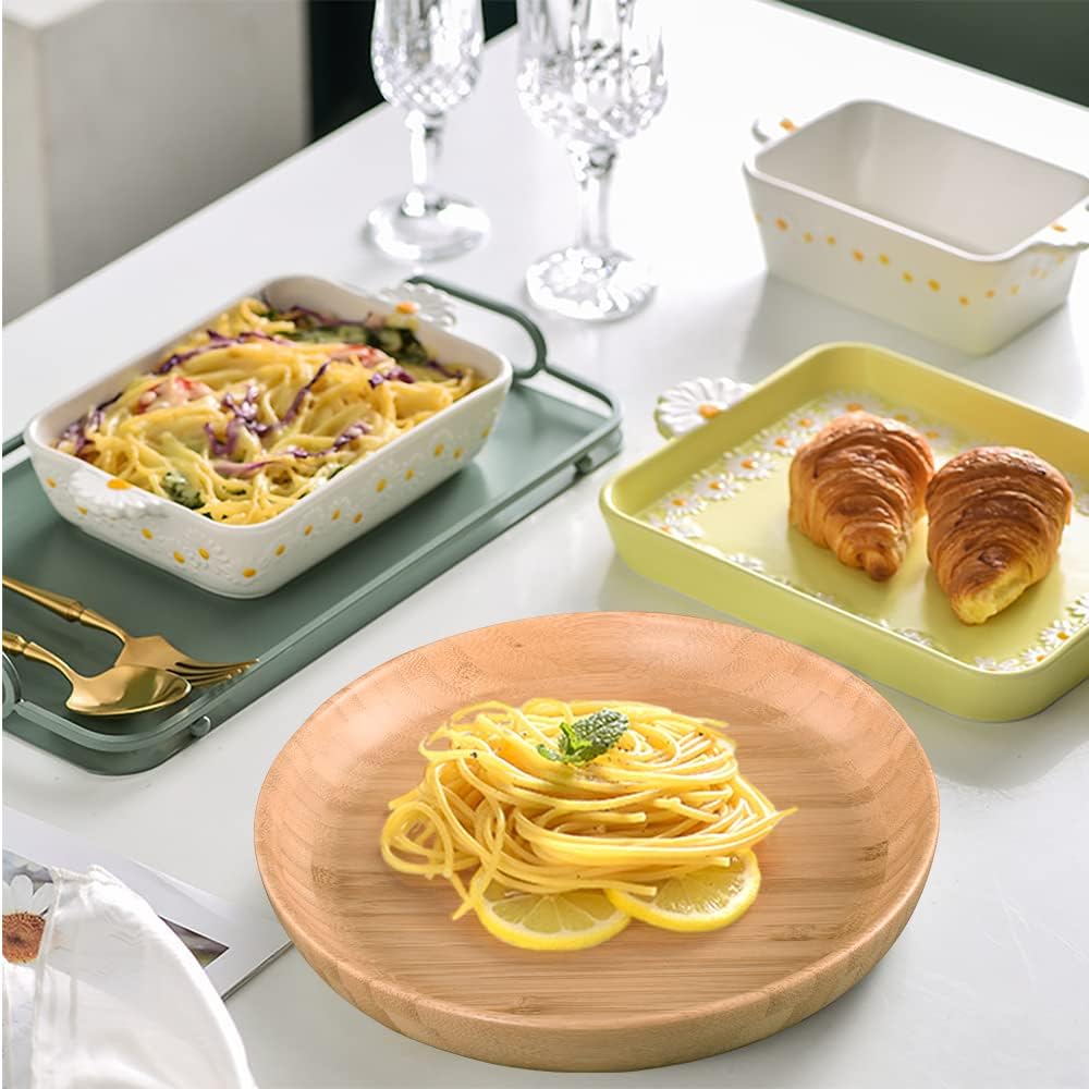 7.5In round Bamboo Wooden Plates - 2PCS Reusable Dinner Plates for Food, Snack, Dessert