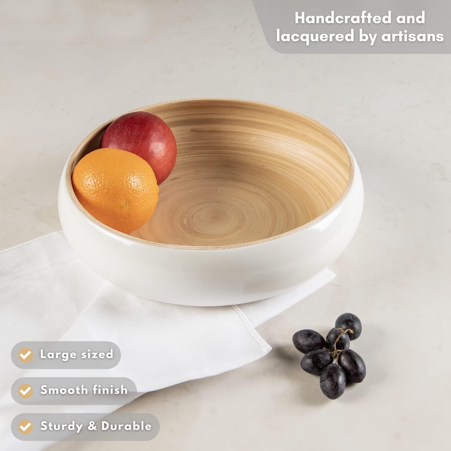 LEXA 12" Handmade White Bamboo Wooden Fruit Bowl for Kitchen Counter - 130 Oz Lightweight Large Bamboo Wood Salad Bowl