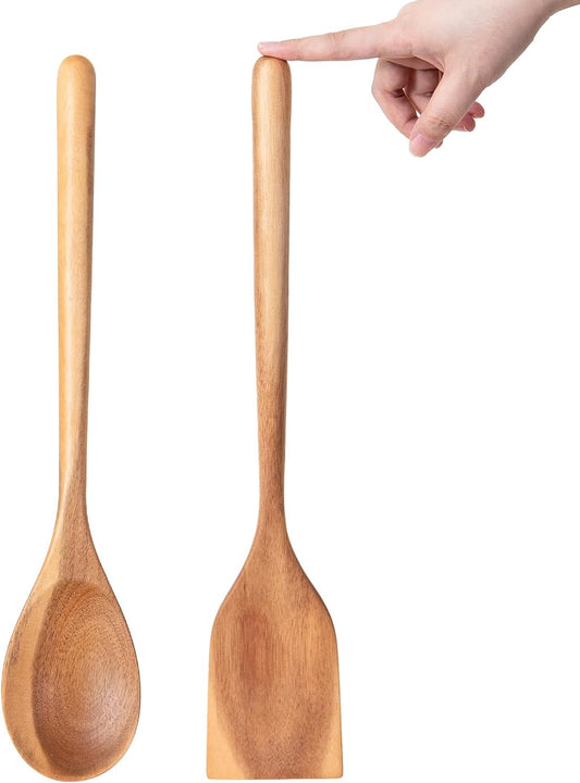 2PCS Long Handle Gigantic Spatula Spoon Premium Acacia Wooden Spoons for Cooking 17''Large Soliod Wooden Cooking Spoons Smooth Finish in Large Style Cooking Kitchen Utensil Set