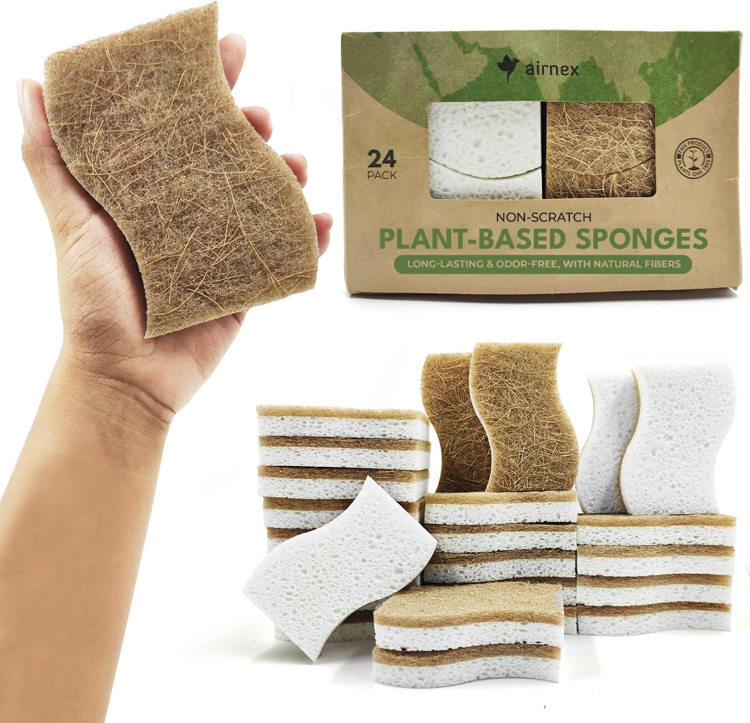 Natural Kitchen Sponge - Biodegradable Compostable Cellulose and Coconut Scrubber Sponge - Pack of 12 Eco Friendly Sponges for Dishes
