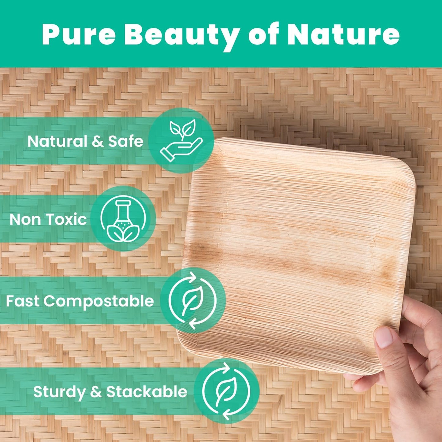 Disposable Bamboo Plates with Cutlery – 150Pc 8 Inch Square Plates Set with 50 Wooden Knives and Forks – Biodegradable Nature-Friendly