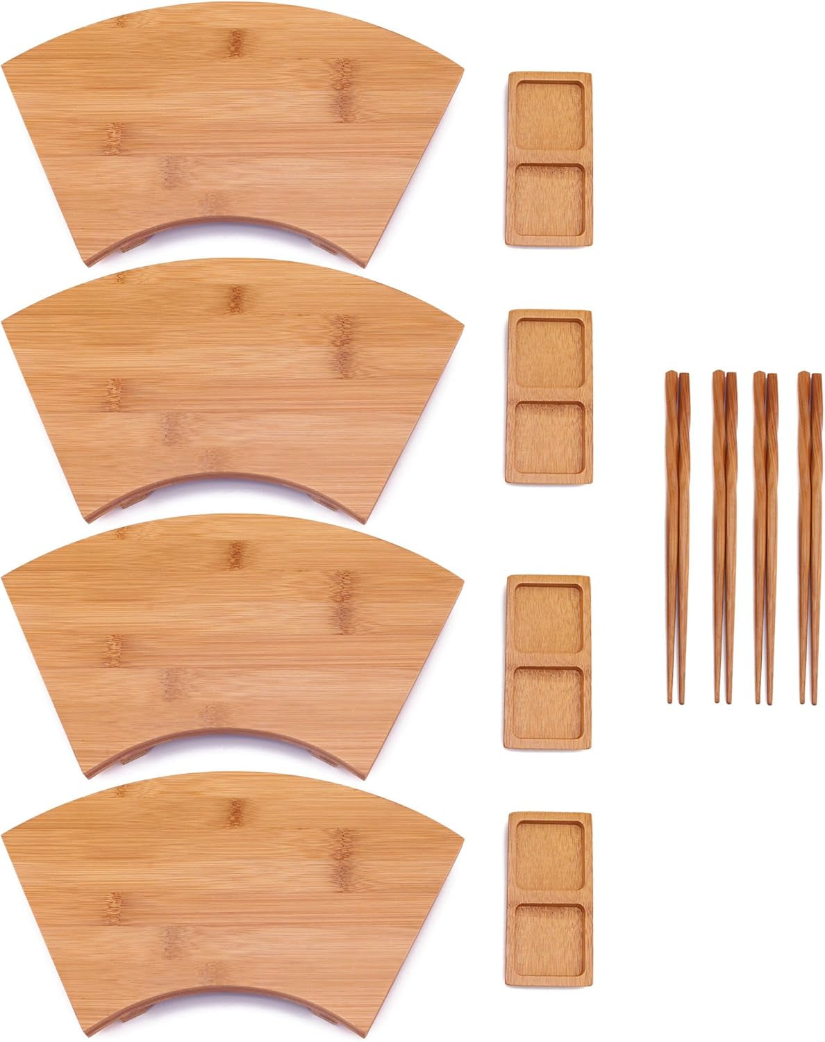 Bamboomn Bamboo Sushi Plate/Tray, Chopsticks and Compartment Sauce Dish, 8.3" Rectangle - 4 Sets