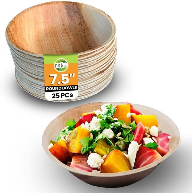 Raj Disposable Palm Leaf Bowls (50 Count, 6" Bowls) Strong Bowl like Bamboo Party Bowl - Decorative Compostable Tableware for Lunch, Dinner, Birthday, Outdoor, BBQ, Picnic, Parties