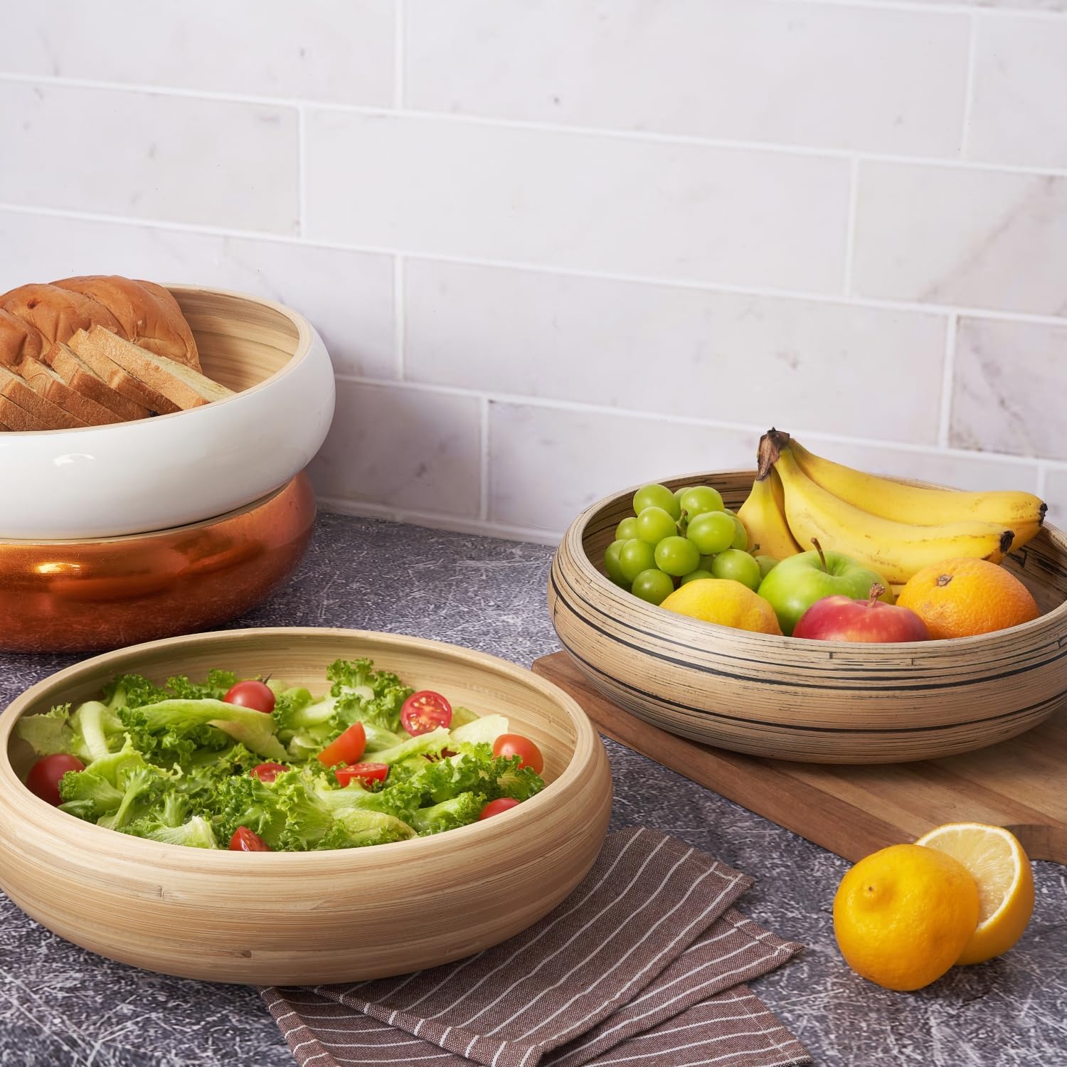 LEXA 12" Handmade White Bamboo Wooden Fruit Bowl for Kitchen Counter - 130 Oz Lightweight Large Bamboo Wood Salad Bowl