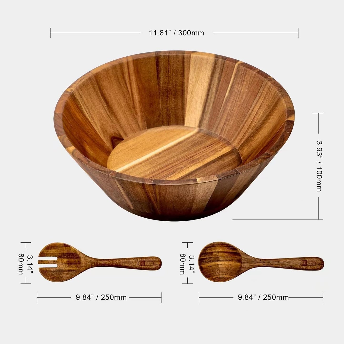 Wooden Salad Bowl, 12'' Acacia Wood Large Salad Bowl Set Big Salad Serving Bowl with Serving Utensils