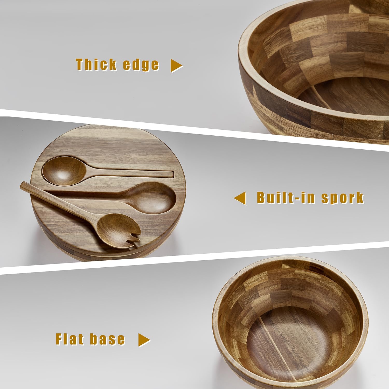 Acacia Wooden Salad Bowl with Lid, Built-In Acacia Wood Utensils, 10.5" Large Wood Serving Bowls for Fruits, Salad, and Vegetables, Big Wood Salad Bowls Set 4-Piece, All-In-One Design
