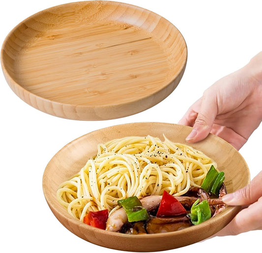 7.5In round Bamboo Wooden Plates - 2PCS Reusable Dinner Plates for Food, Snack, Dessert