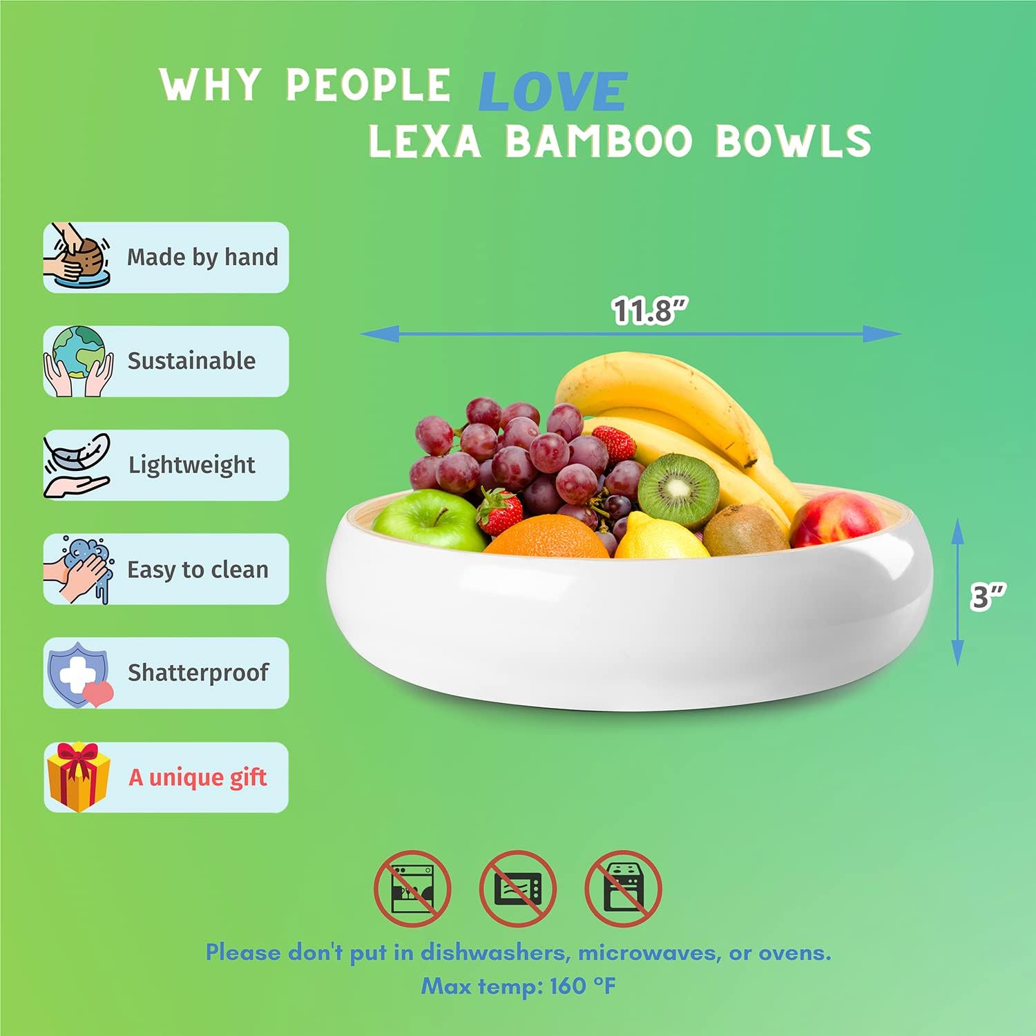 LEXA 12" Handmade White Bamboo Wooden Fruit Bowl for Kitchen Counter - 130 Oz Lightweight Large Bamboo Wood Salad Bowl