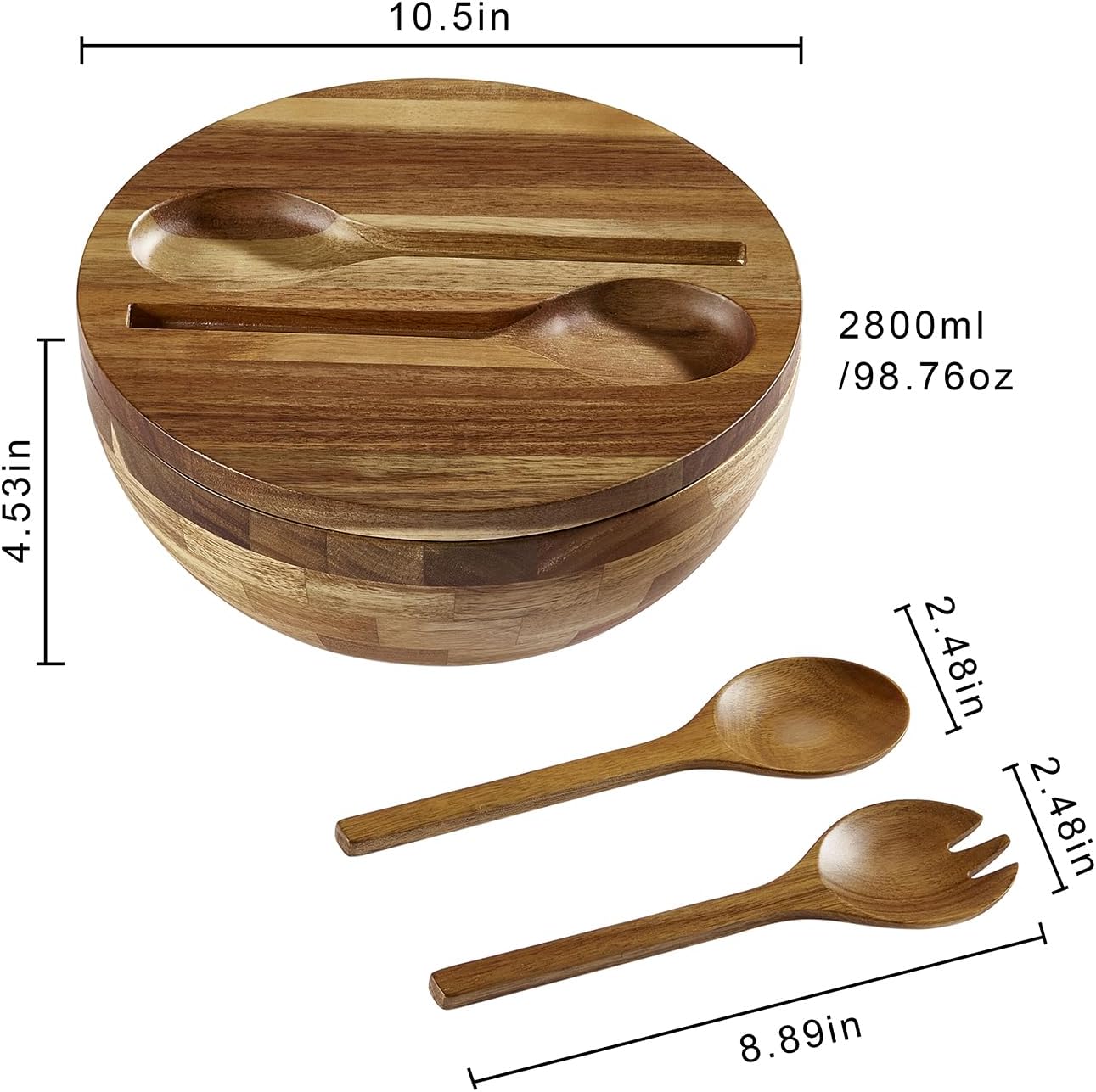 Acacia Wooden Salad Bowl with Lid, Built-In Acacia Wood Utensils, 10.5" Large Wood Serving Bowls for Fruits, Salad, and Vegetables, Big Wood Salad Bowls Set 4-Piece, All-In-One Design