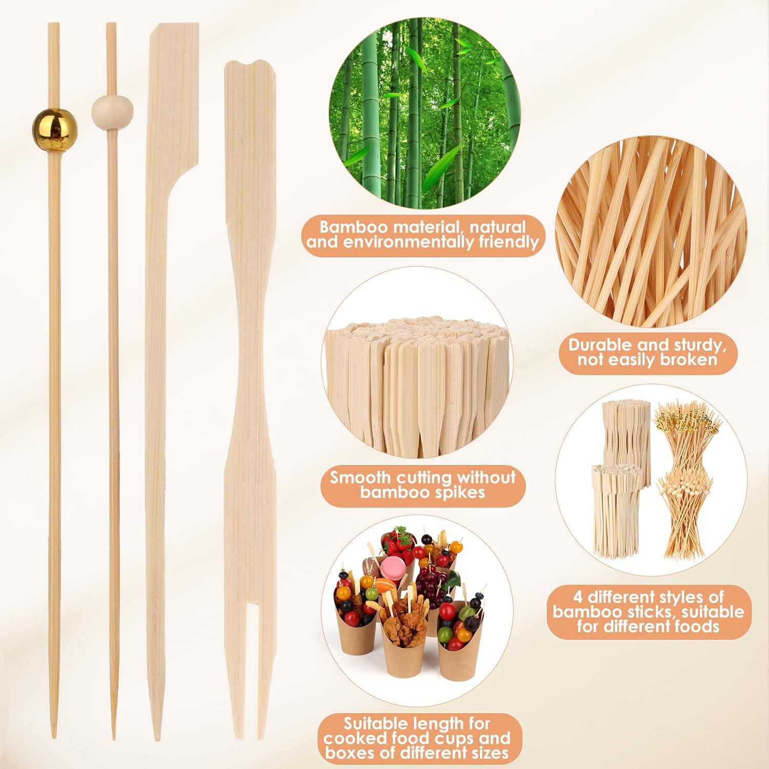400PCS Cocktail Picks, Sublaga 4.7" Eco-Friendly Natural Bamboo Ball Food Picks, Fancy Toothpicks for Appetizers, Drinks Party Fruit, Bamboo Gold Ball Food Sticks Charcuterie Boards Accessories