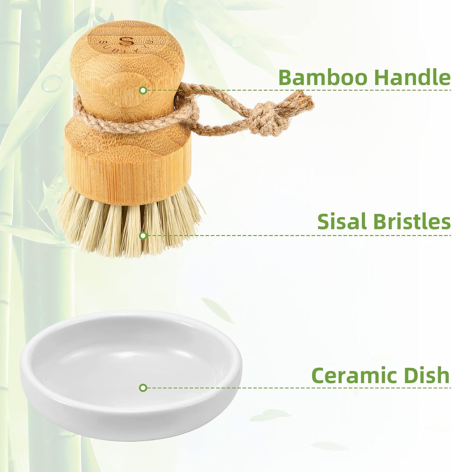 Bamboo Dish Scrub Brushes by Subekyu, Kitchen Wooden Cleaning Scrubbers Set for Washing Cast Iron Pan/Pot, Natural Sisal Bristles, Set of 3