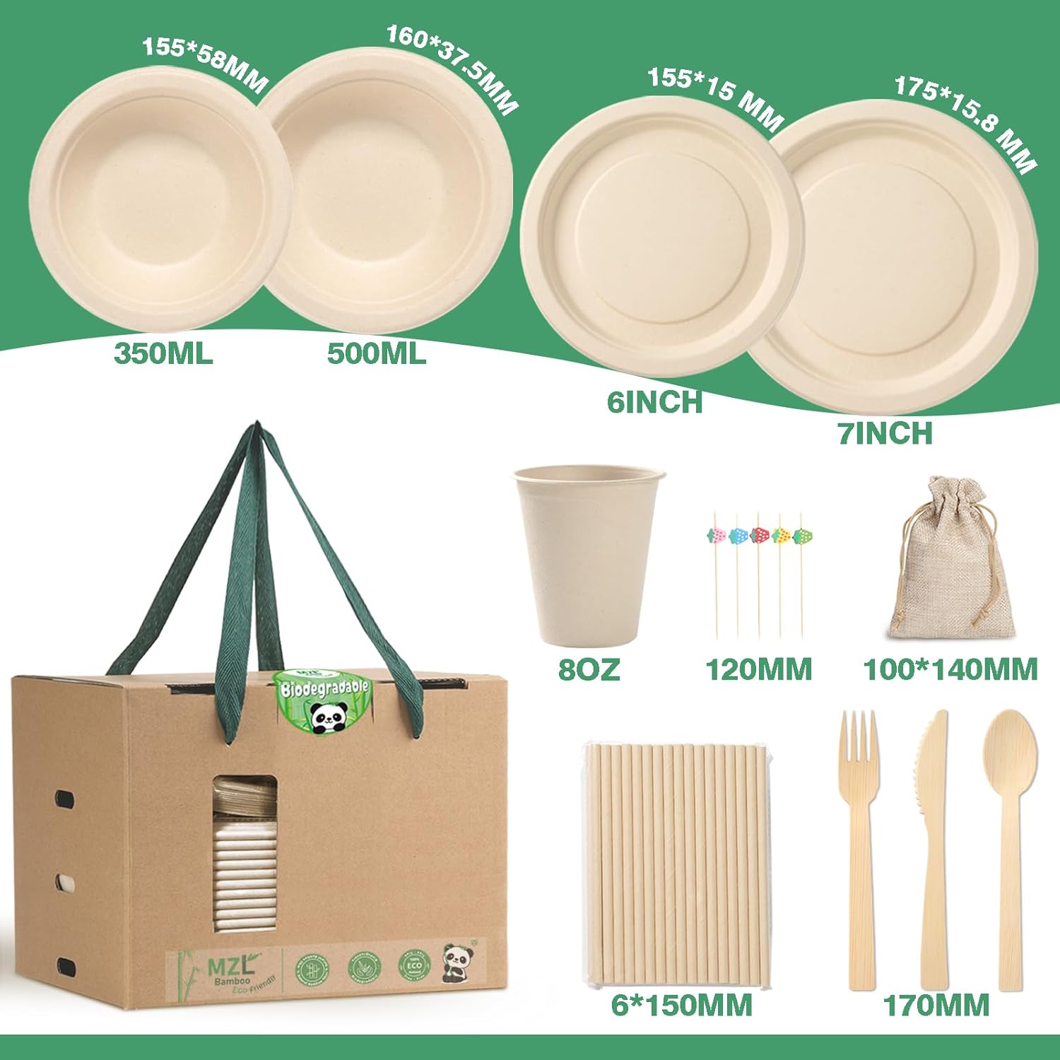 200Pcs Compostable Paper Set Eco-Friendly Heavy-Duty Disposable Plates Cutlery Utensils, Bamboo Plates Bowls Forks Knives Spoons Cups Straws Fruit Sticks for Wedding Party Picnic