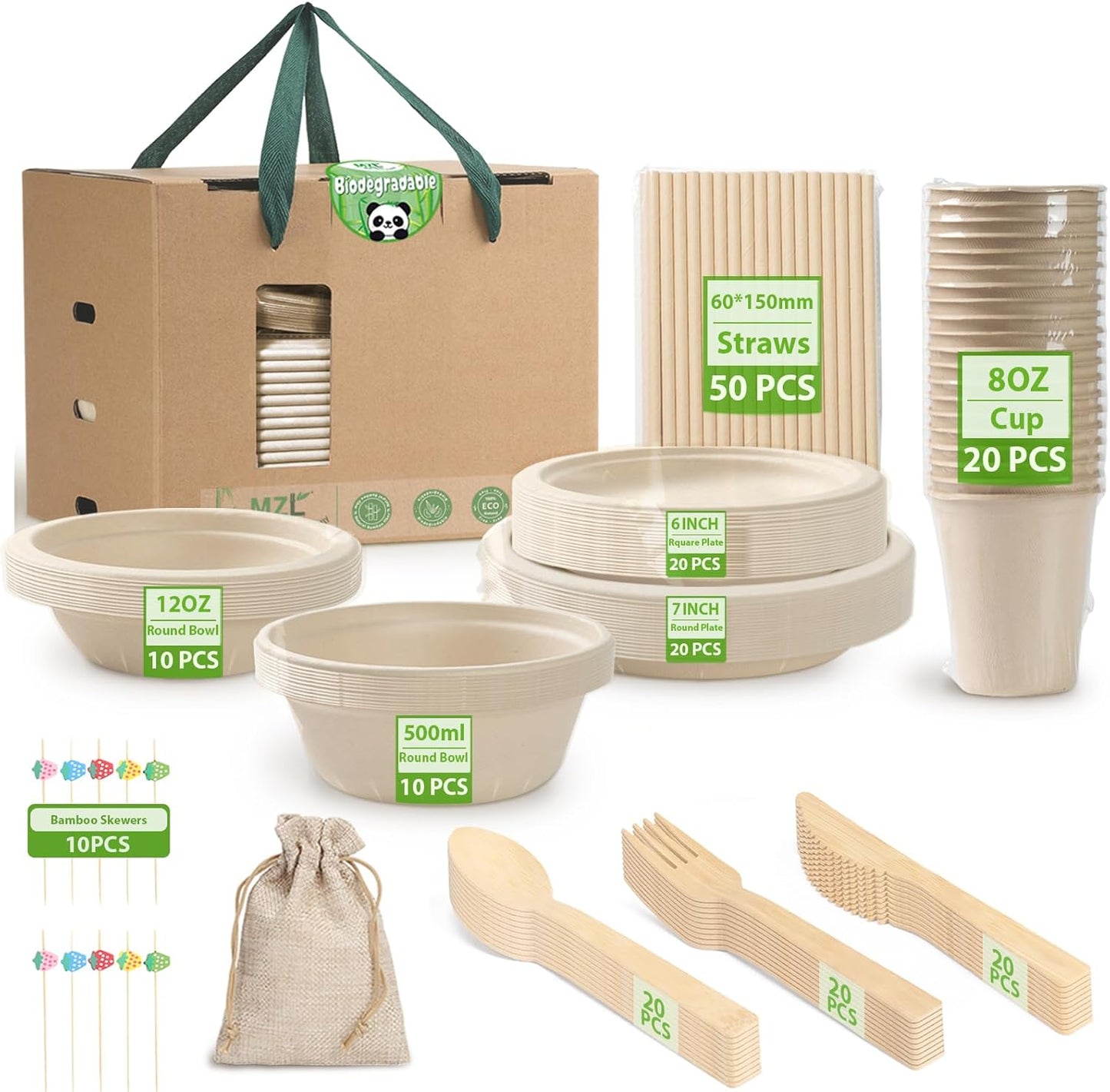 200Pcs Compostable Paper Set Eco-Friendly Heavy-Duty Disposable Plates Cutlery Utensils, Bamboo Plates Bowls Forks Knives Spoons Cups Straws Fruit Sticks for Wedding Party Picnic