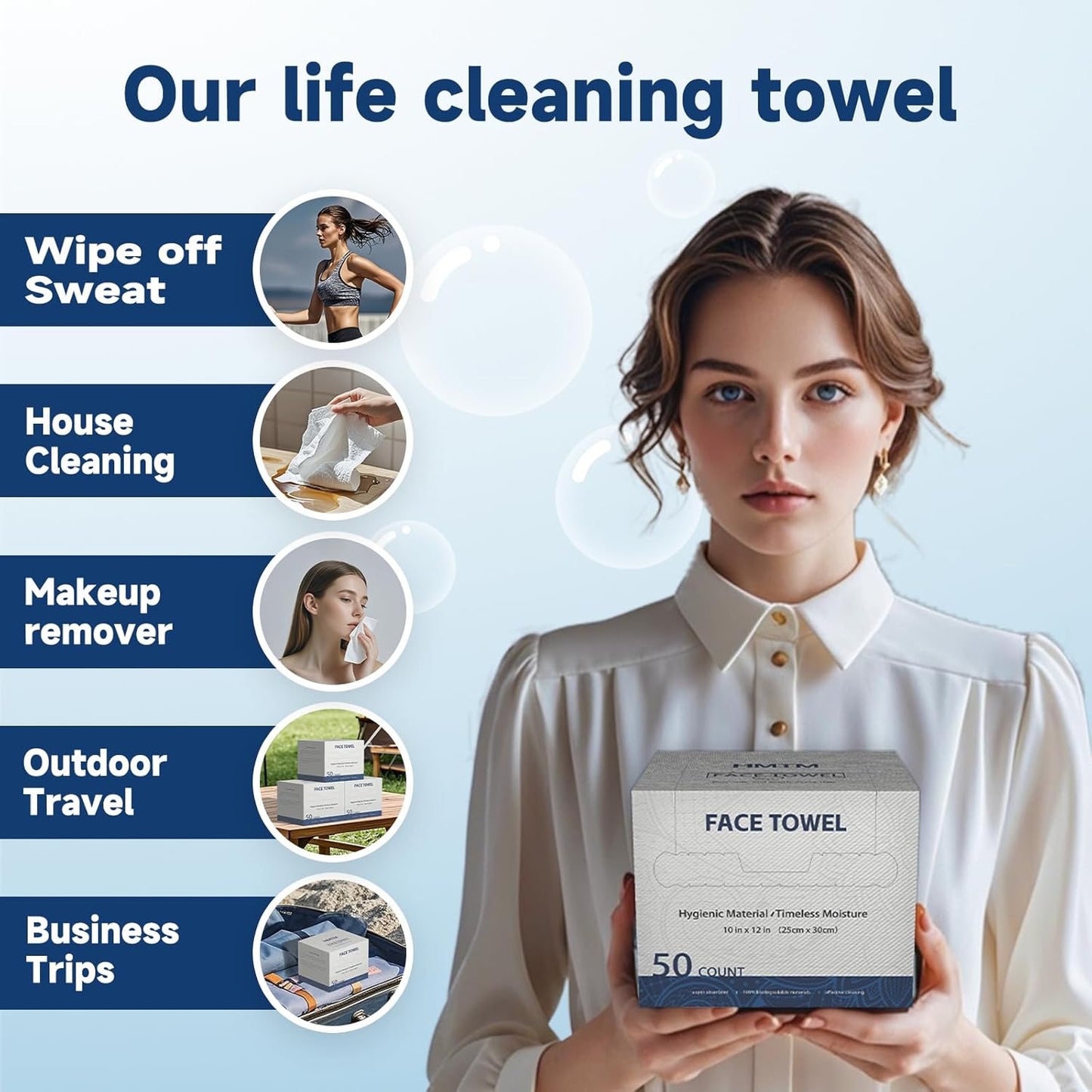 Face Towels, 10” X 12”, Extra Thick Soft and Absorbent, Face Towelettes Disposable Biodegradable for Sensitive Skin, Disposable Face Towels for Makeup Remover, Cleansing, 50 Count（1 Pack）