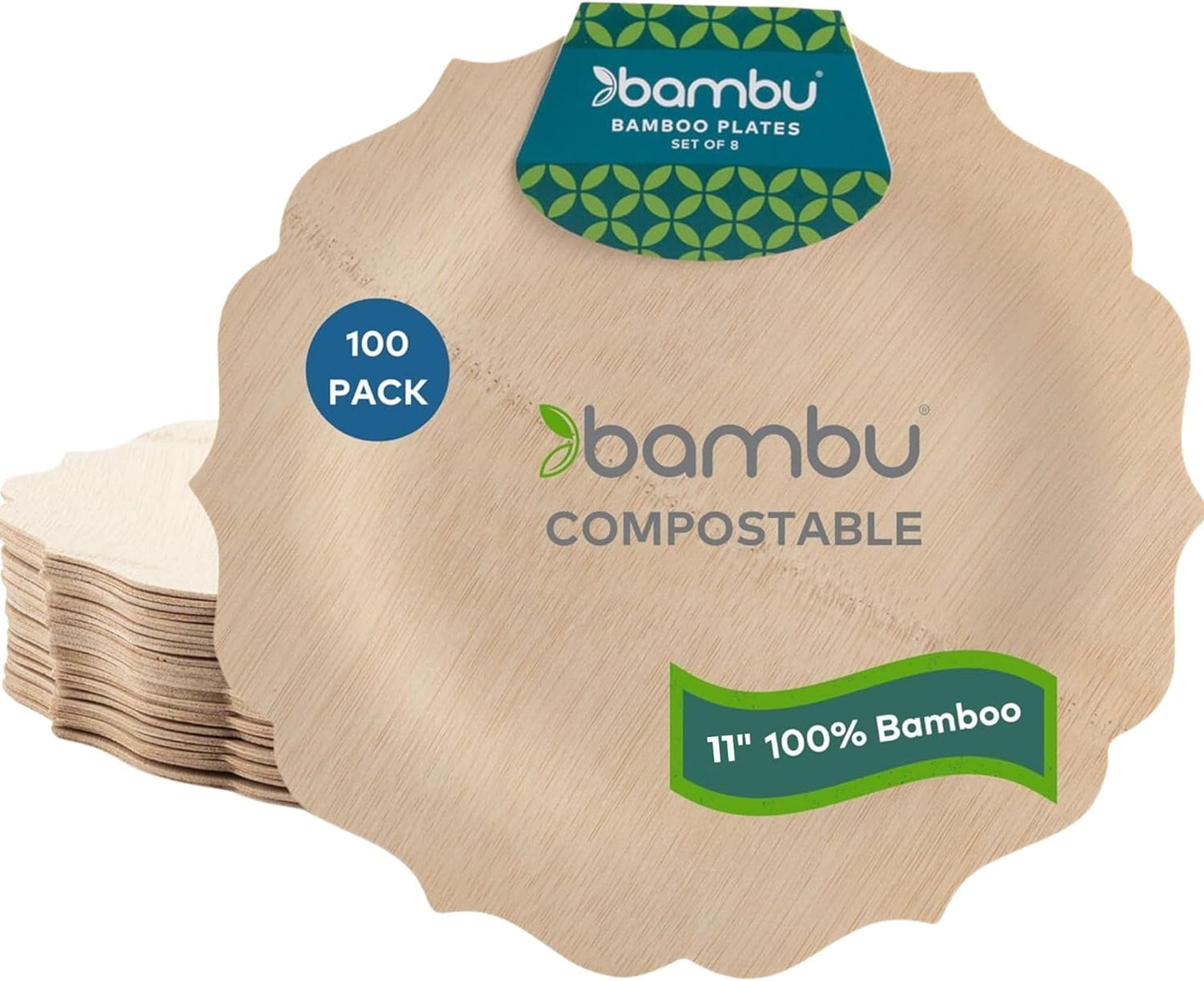 Bambu Pack of 25-11 Inch Disposable Bamboo Plates Fancy, Biodegradable Eco Friendly Products, Bamboo Disposable Plates for Party, Weddings, and Events, Great for Any Occasion, Compostable Plates