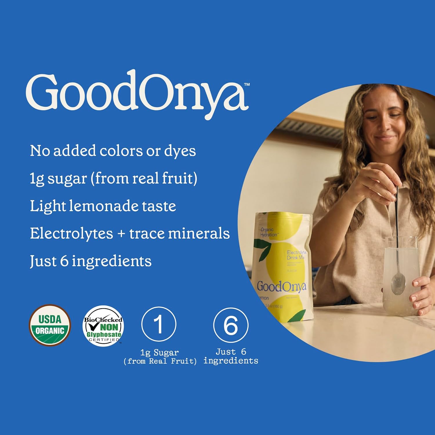 GOODONYA Organic Hydration Electrolyte Drink Mix, Certified Organic Hydration Powder, Non-Gmo, Biochecked Glyphosate Free, Low Sugar, Lemonade Flavor, No Artificial Flavors, 20 Servings