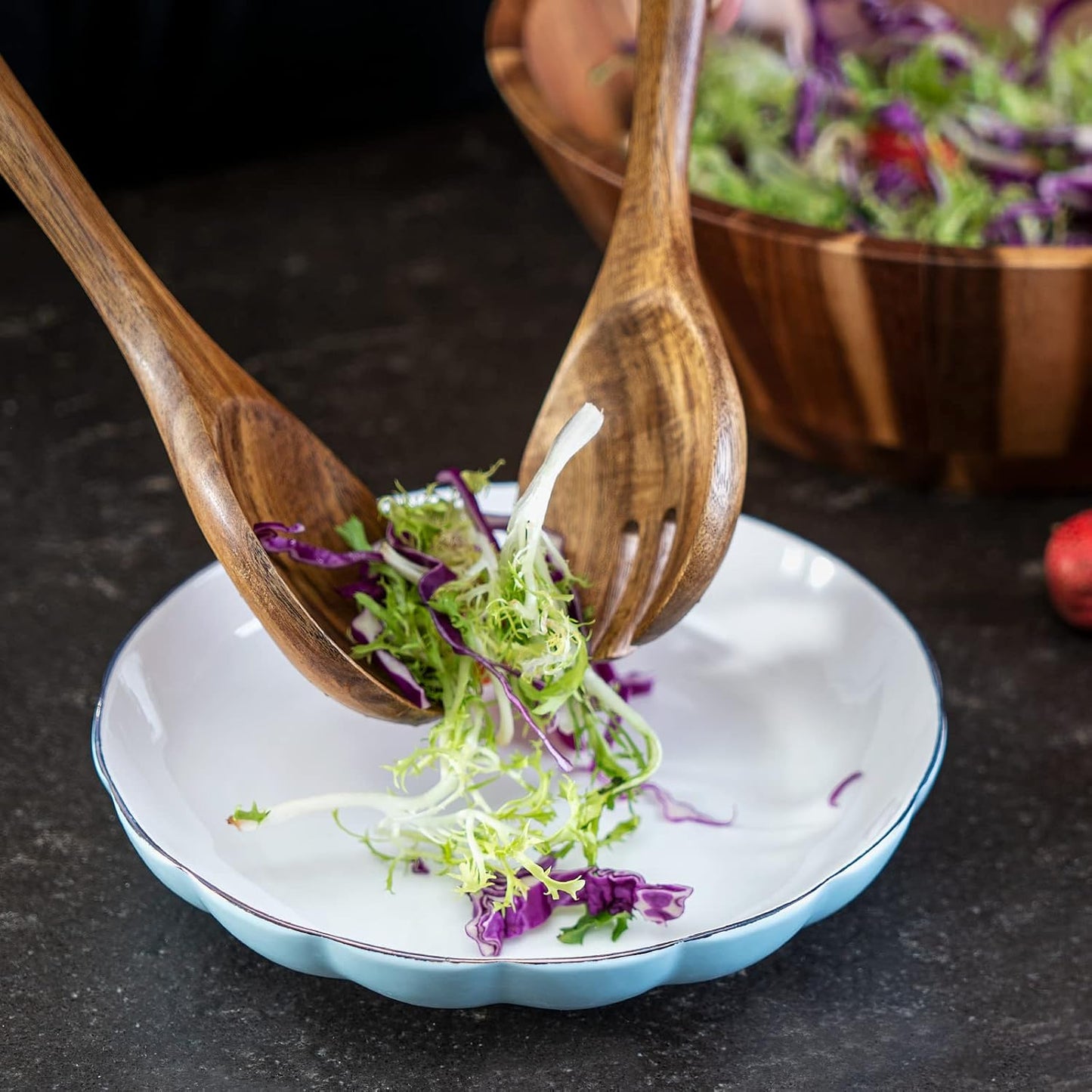 Wooden Salad Bowl, 12'' Acacia Wood Large Salad Bowl Set Big Salad Serving Bowl with Serving Utensils