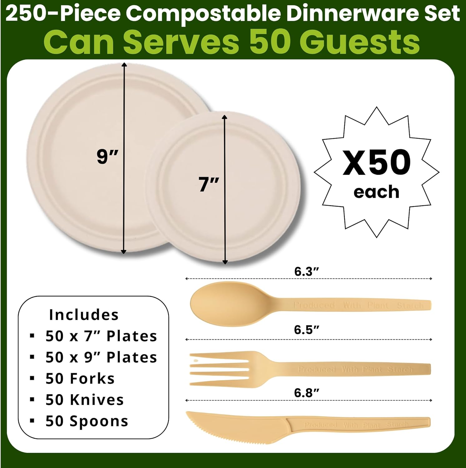 250 Piece Biodegradable Paper Plates Set – Sturdy Compostable Dinnerware with 7” & 9” Plates, Forks, Knives & Spoons – Eco-Friendly Disposable Party Supplies