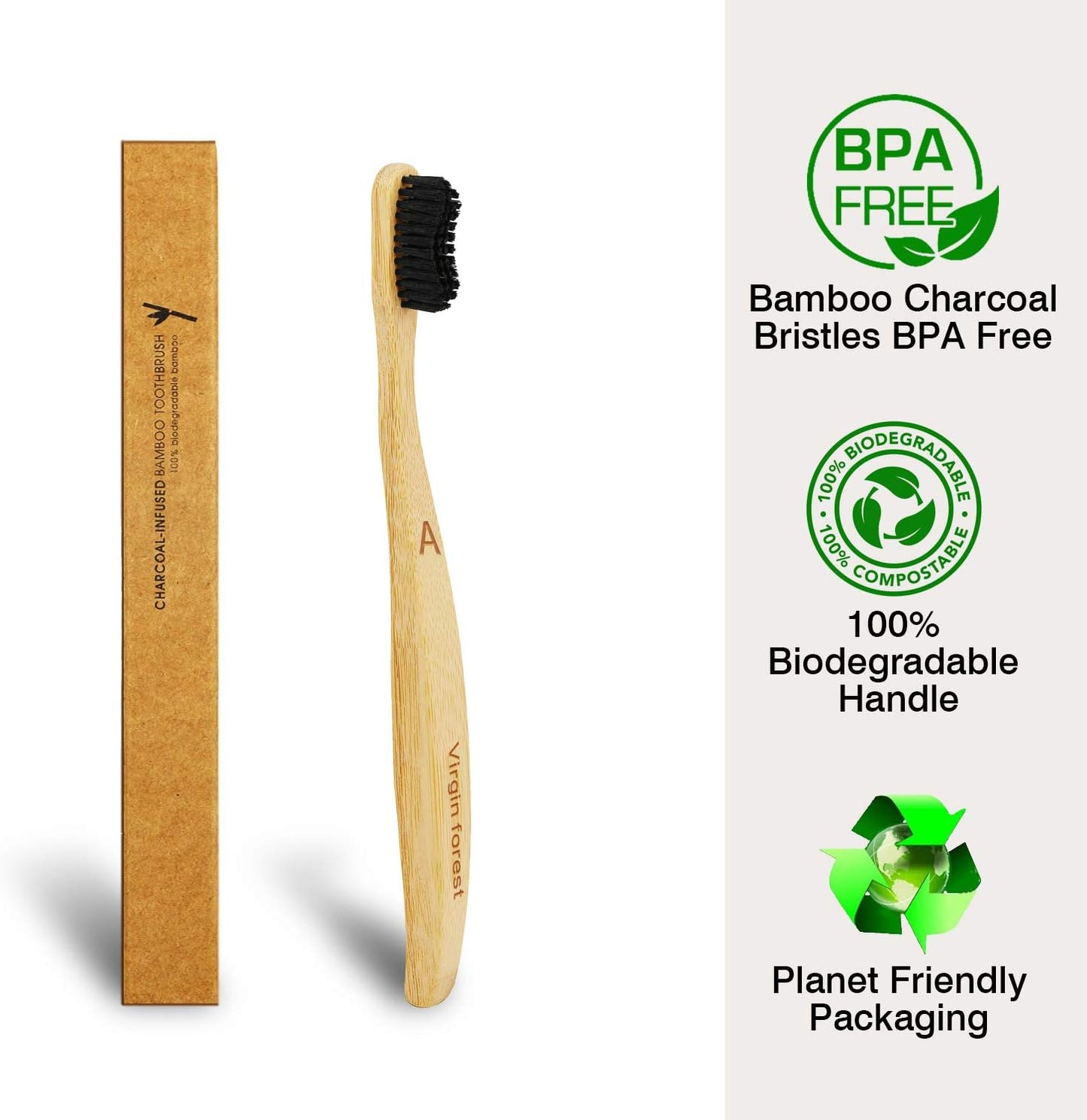 Virgin Forest Bamboo Toothbrush, Natural Eco Friendly Biodegradable Charcoal Tooth Brushes, Pack of 6