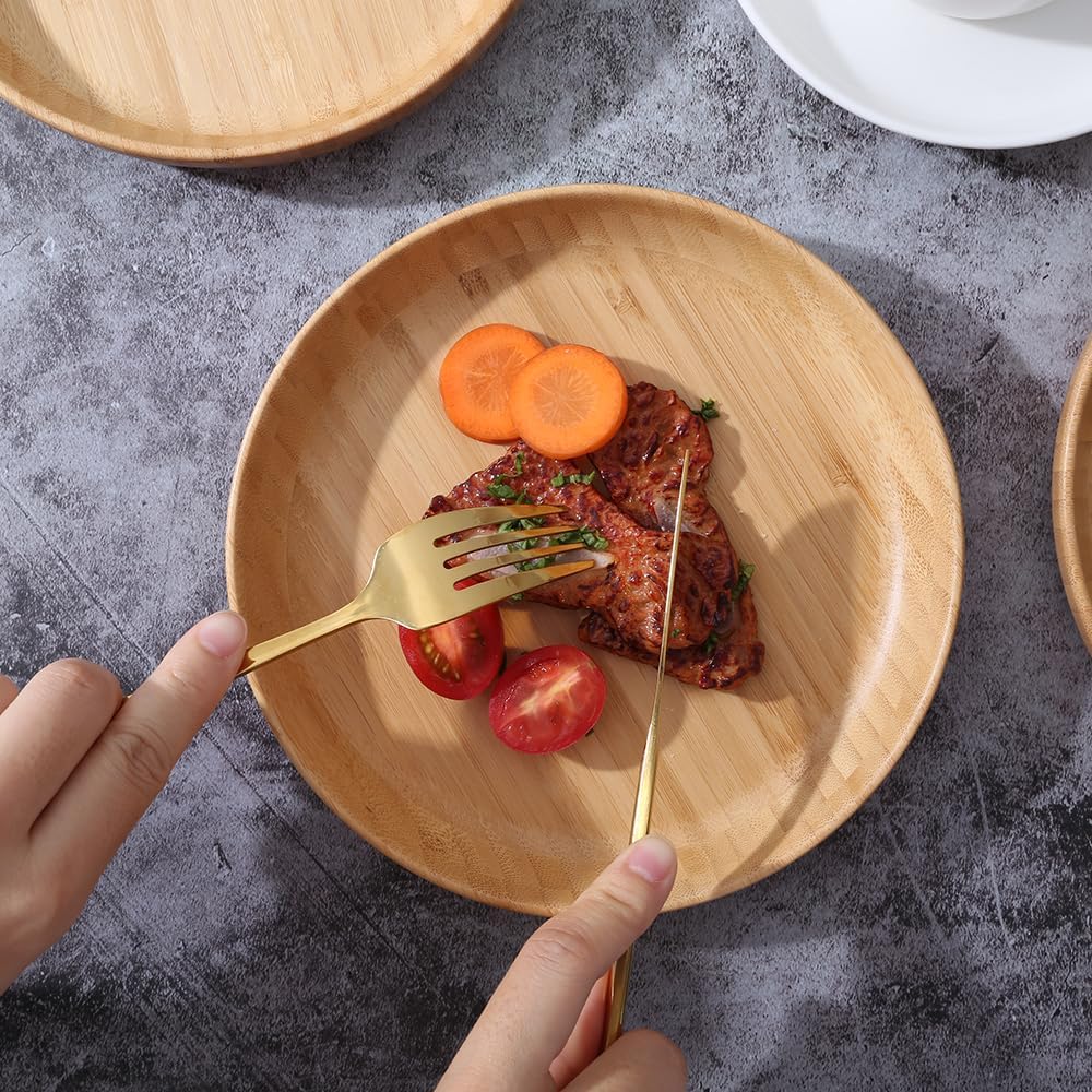 7.5In round Bamboo Wooden Plates - 2PCS Reusable Dinner Plates for Food, Snack, Dessert