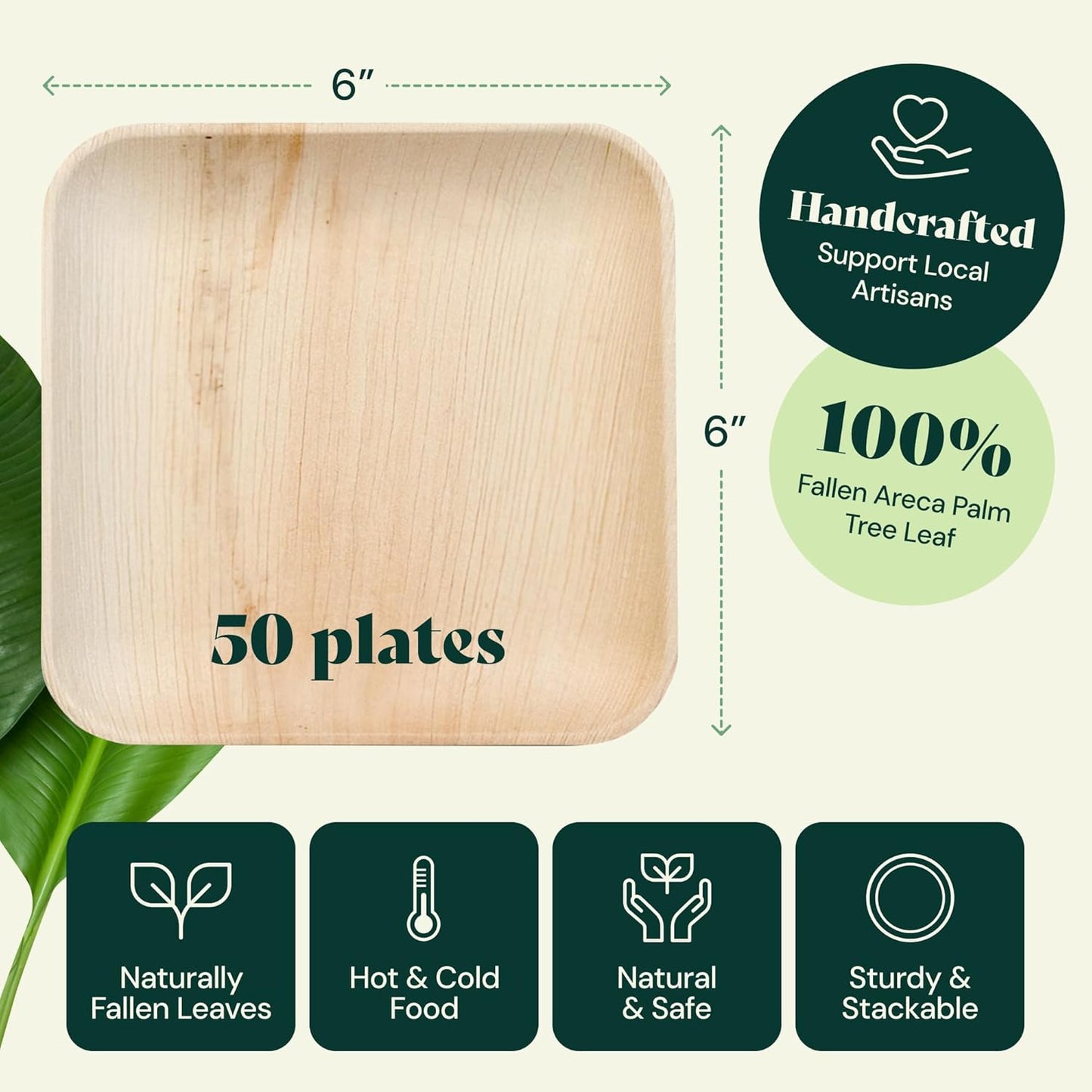 Chic Leaf Compostable & Biodegradable Palm Leaf Disposable Bamboo Plates - Disposable Party Plates for 4Th of July Appetizers & Charcuterie Boards (6'' - 50 Pack)