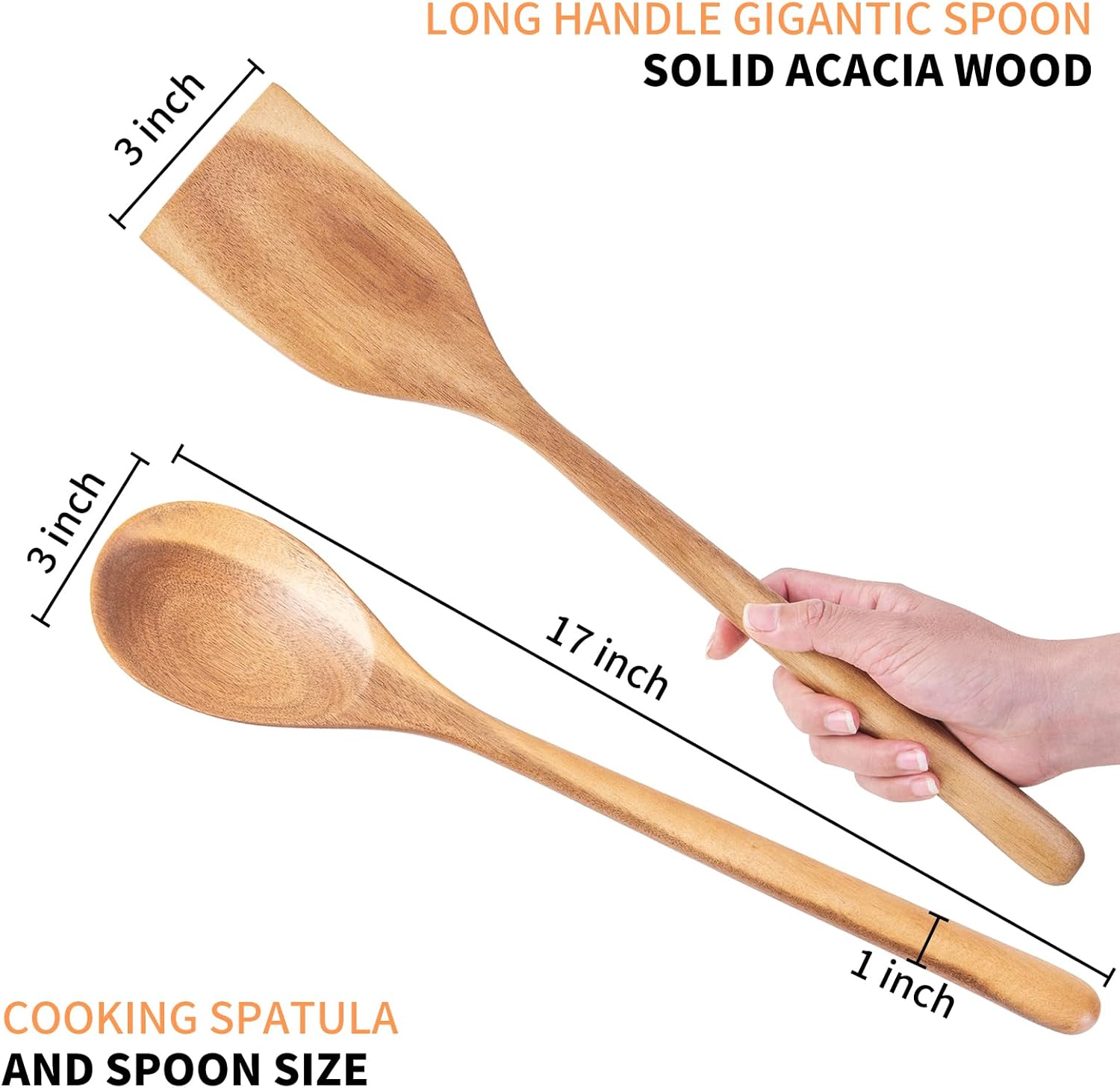2PCS Long Handle Gigantic Spatula Spoon Premium Acacia Wooden Spoons for Cooking 17''Large Soliod Wooden Cooking Spoons Smooth Finish in Large Style Cooking Kitchen Utensil Set