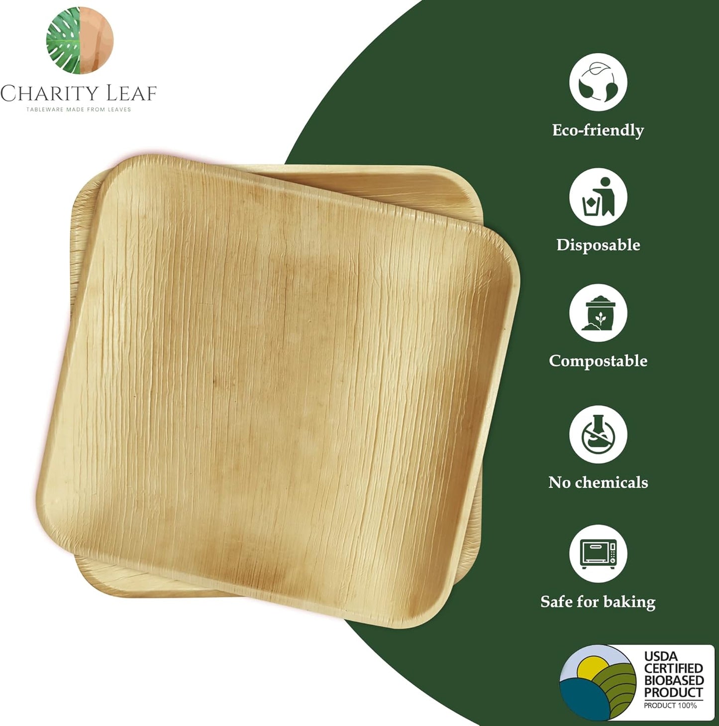 Compostable 10" Square Palm Leaf Dinner Plates (50-Pack) | Premium, 100% Natural, Disposable, Heavy Duty | Perfect for Parties, Weddings & Catering Events
