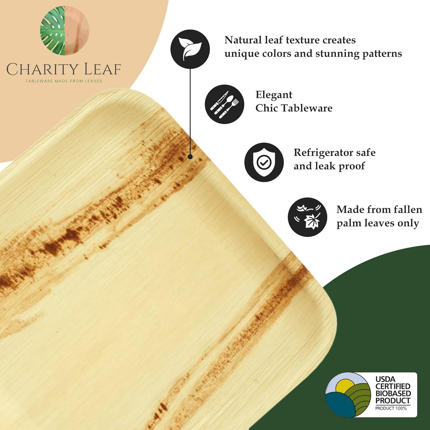 Compostable 10" Square Palm Leaf Dinner Plates (50-Pack) | Premium, 100% Natural, Disposable, Heavy Duty | Perfect for Parties, Weddings & Catering Events