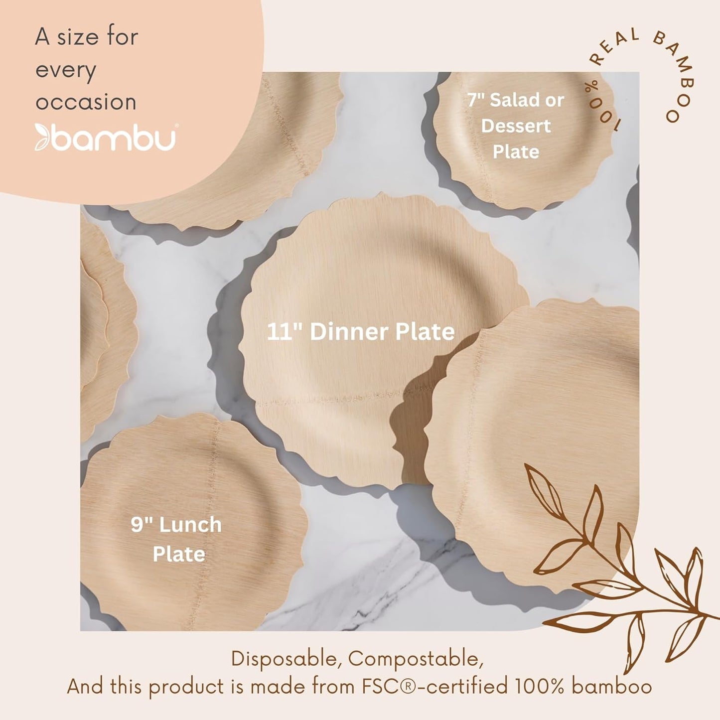 Bambu Pack of 25-11 Inch Disposable Bamboo Plates Fancy, Biodegradable Eco Friendly Products, Bamboo Disposable Plates for Party, Weddings, and Events, Great for Any Occasion, Compostable Plates
