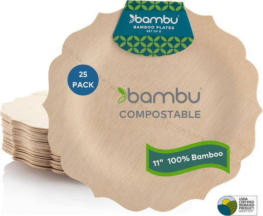Bambu Pack of 25-11 Inch Disposable Bamboo Plates Fancy, Biodegradable Eco Friendly Products, Bamboo Disposable Plates for Party, Weddings, and Events, Great for Any Occasion, Compostable Plates