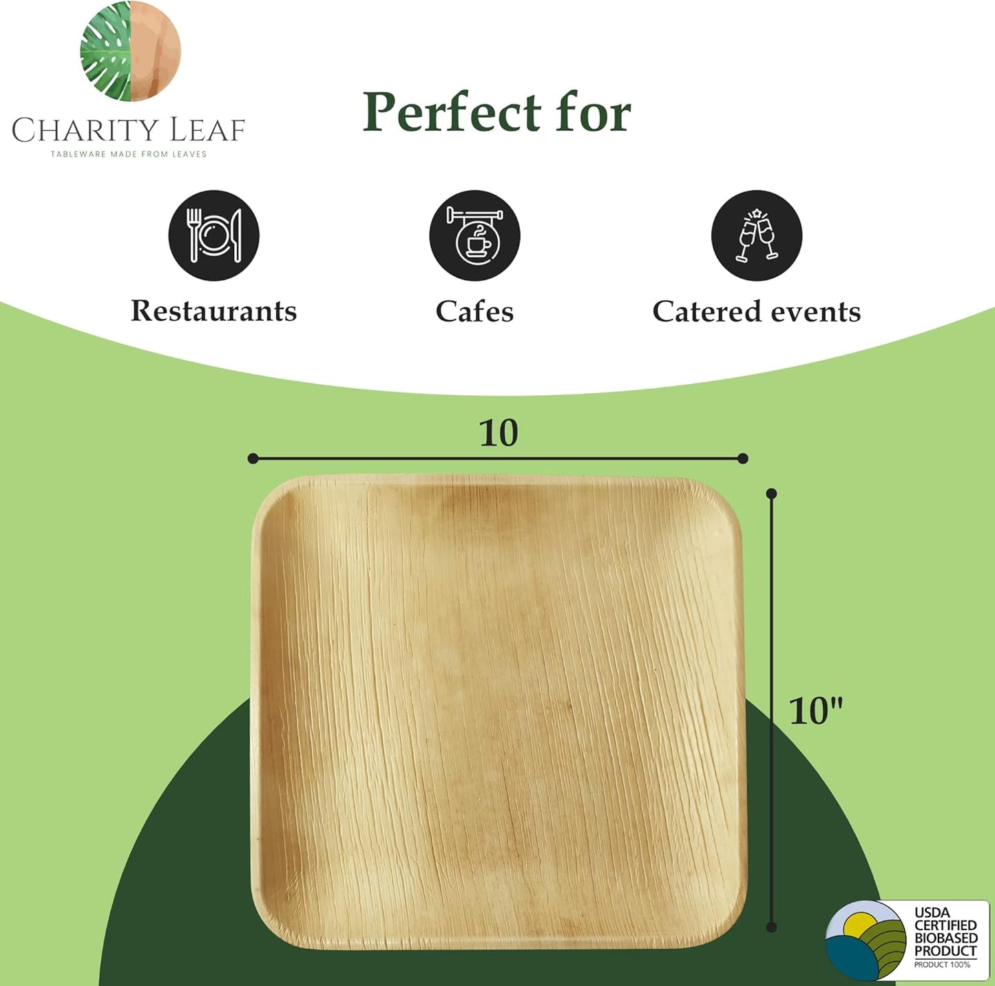 Compostable 10" Square Palm Leaf Dinner Plates (50-Pack) | Premium, 100% Natural, Disposable, Heavy Duty | Perfect for Parties, Weddings & Catering Events