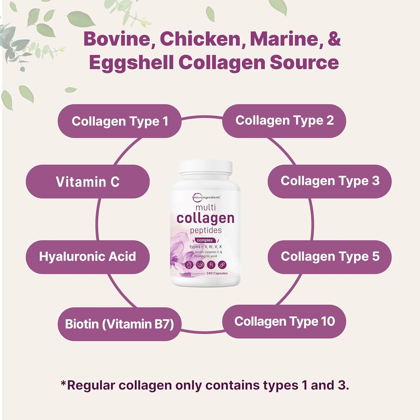 Multi Collagen capsules with hyaluronic acid vitamin C and biotin for beauty and wellness.