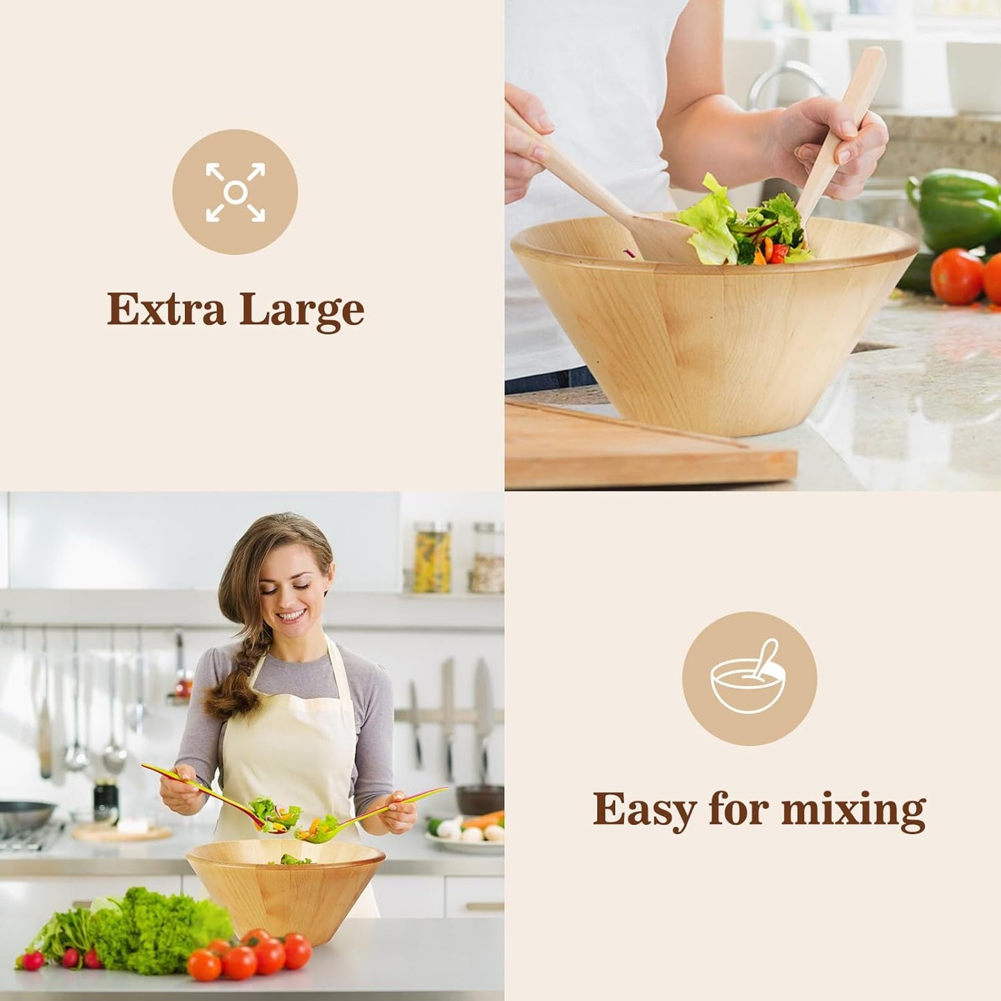 Large Wooden Salad Bowl - 11.5"X 5.2", Wooden Fruit Bowl for Kitchen Counter, Wood Salad Bowl or Serving Bowl for Salad & Fruits