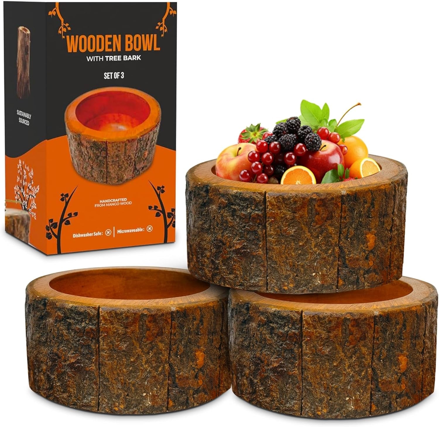 Wooden Salad Bowl Set – round Mango Wood Bowls with Tree Bark for Salad, Fruits & Food, Decorative Kitchen Bowls (Set of 3)