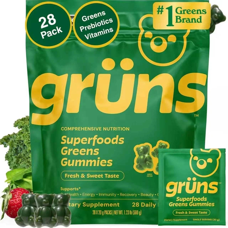 Grüns Superfood Greens Gummies 60+ Ingredients Prebiotic Gut Immune Support (28 count)