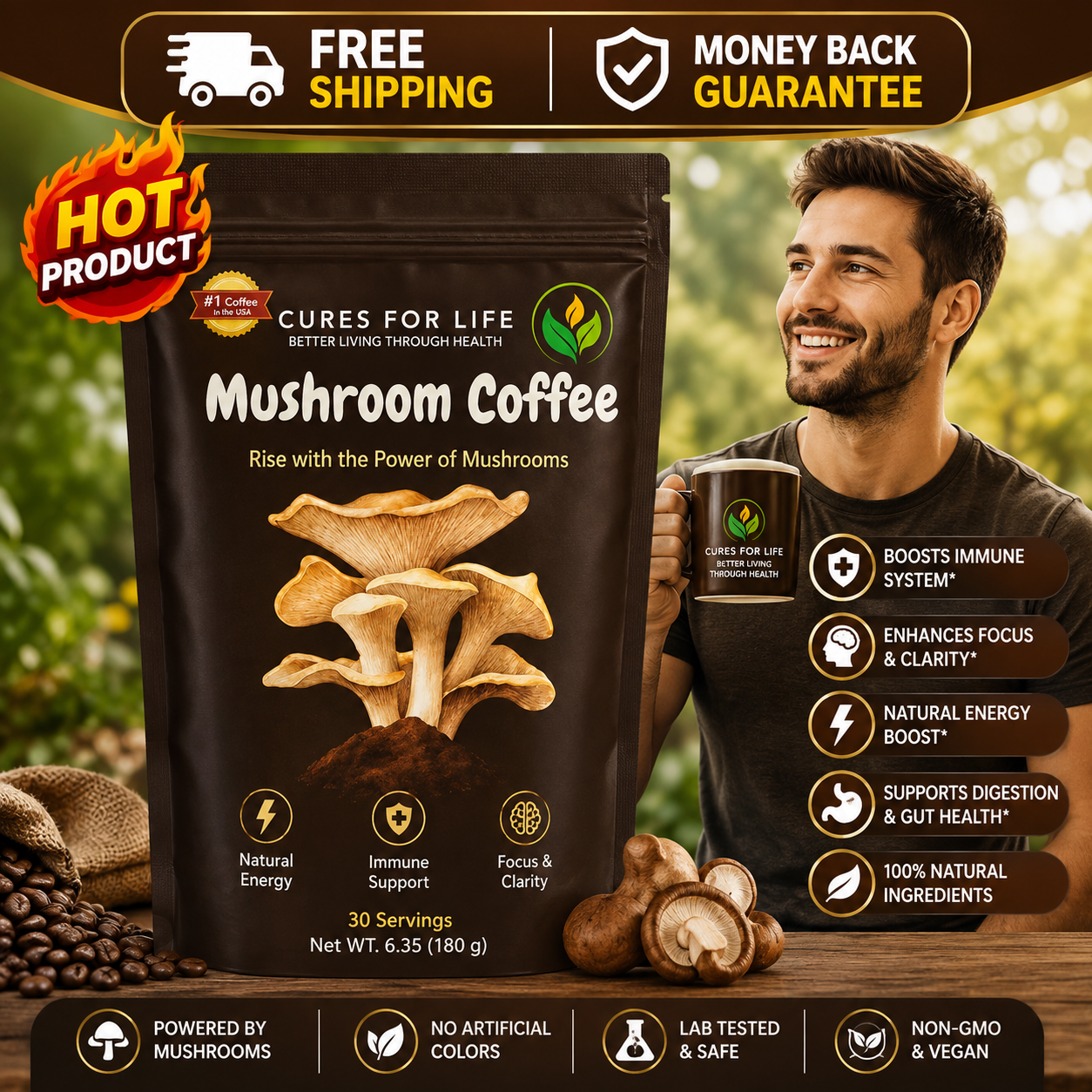 Cures For Life Mushroom Coffee with Cordyceps Reishi and Lion’s Mane Arabica blend