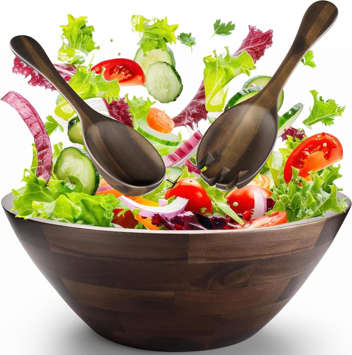 Acacia Wood Salad Bowl Set with Spoon, Fork - Large Salad Bowl with Serving Utensils - Big Mixing Bowl for Fruits, Salad, Pasta (12.2" Diameter X 4.75" Height) (Acacia Color)