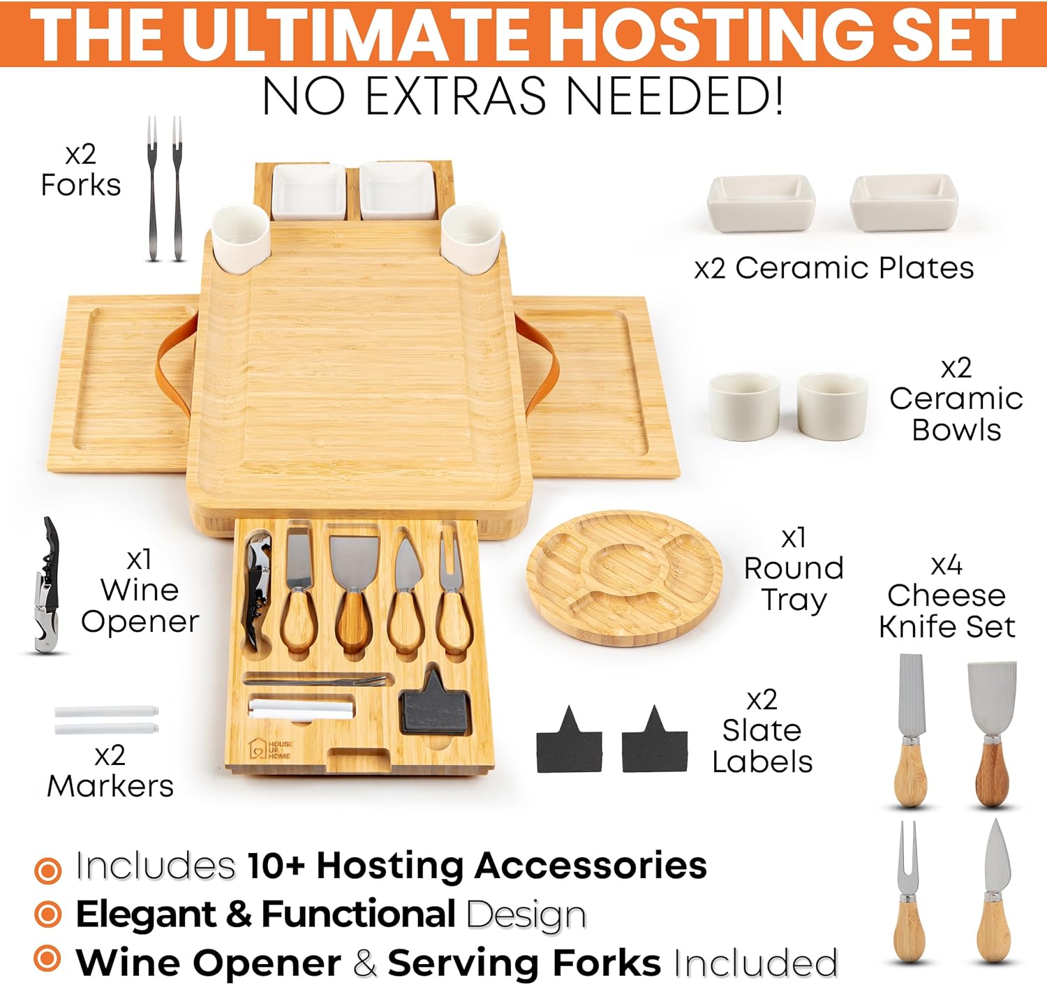 Large Bamboo Charcuterie Boards Gift Set with 4 Hidden Drawers, Cheese Knives, Ceramic Bowls & Plates, Recipe Book, Perfect House Warming Gifts New Home