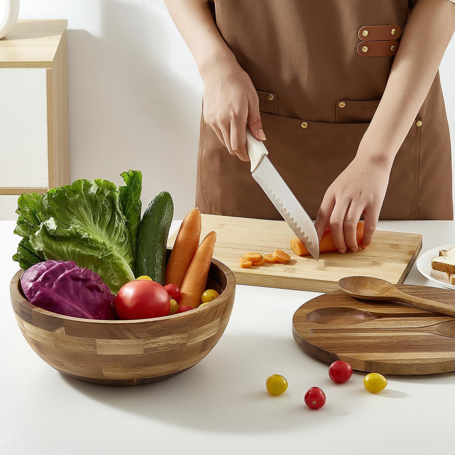 Acacia Wooden Salad Bowl with Lid, Built-In Acacia Wood Utensils, 10.5" Large Wood Serving Bowls for Fruits, Salad, and Vegetables, Big Wood Salad Bowls Set 4-Piece, All-In-One Design
