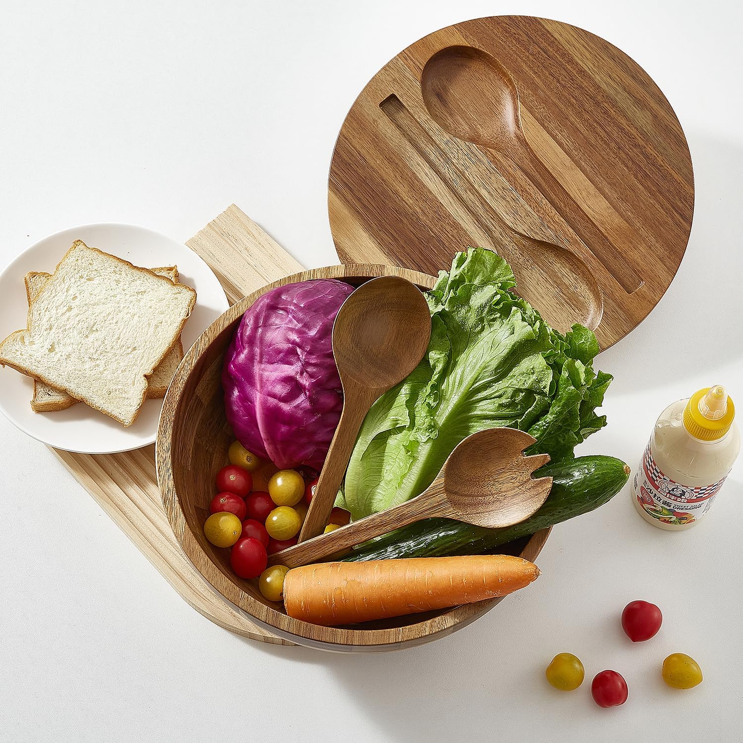 Acacia Wooden Salad Bowl with Lid, Built-In Acacia Wood Utensils, 10.5" Large Wood Serving Bowls for Fruits, Salad, and Vegetables, Big Wood Salad Bowls Set 4-Piece, All-In-One Design