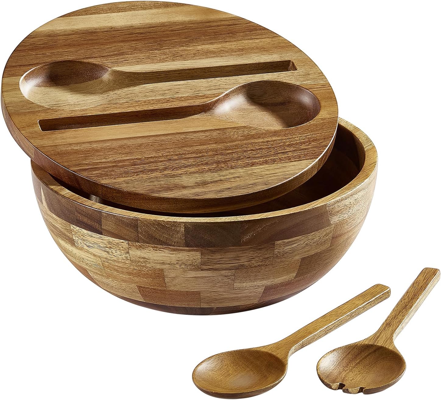Acacia Wooden Salad Bowl with Lid, Built-In Acacia Wood Utensils, 10.5" Large Wood Serving Bowls for Fruits, Salad, and Vegetables, Big Wood Salad Bowls Set 4-Piece, All-In-One Design
