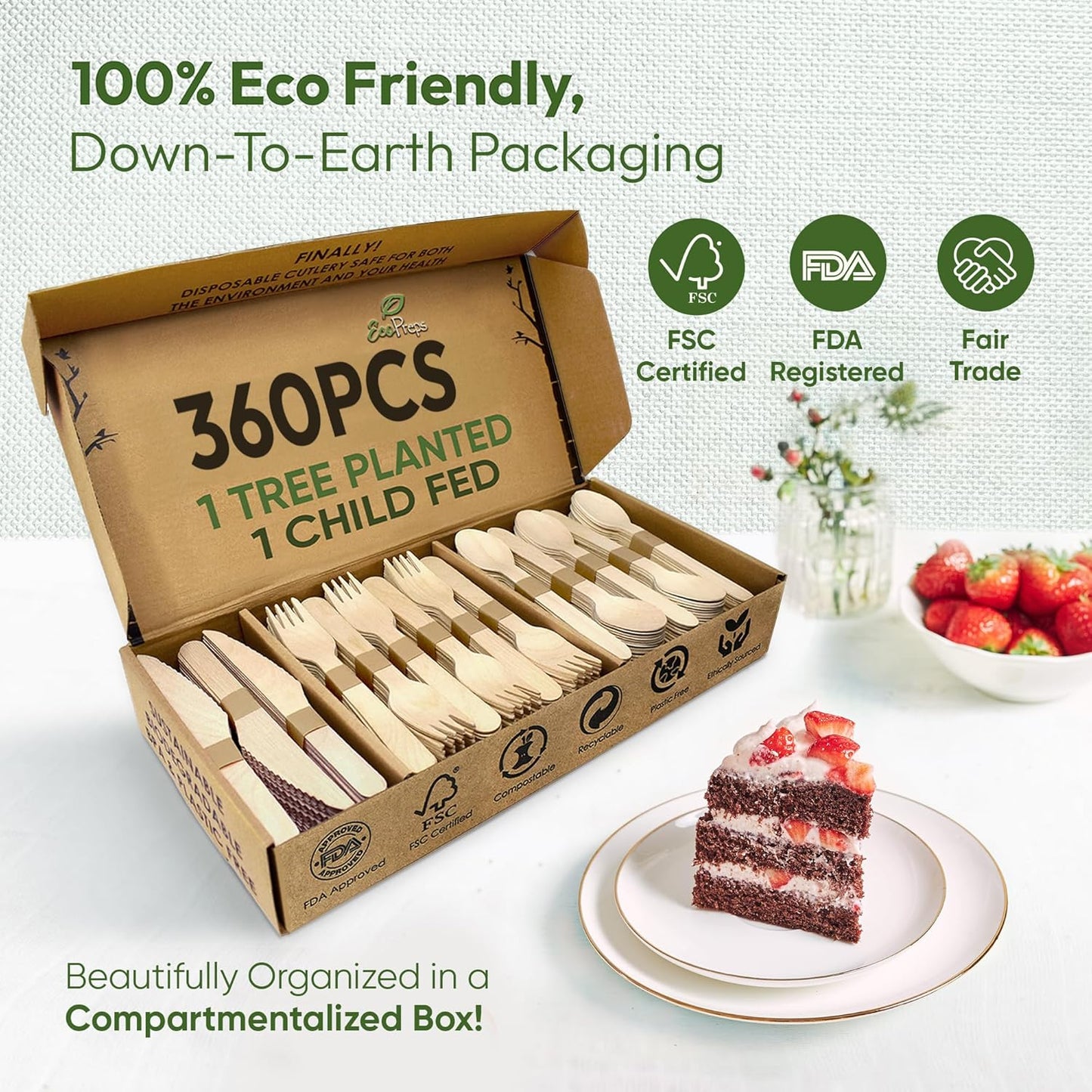 100% Compostable Wooden Cutlery Set (360 PCS - 150 Forks, 125 Spoons, 85 Knives) Eco-Friendly, Natural, Biodegradable Disposable Utensils Set | Birch Wood Disposable Forks, Knives, and Spoons