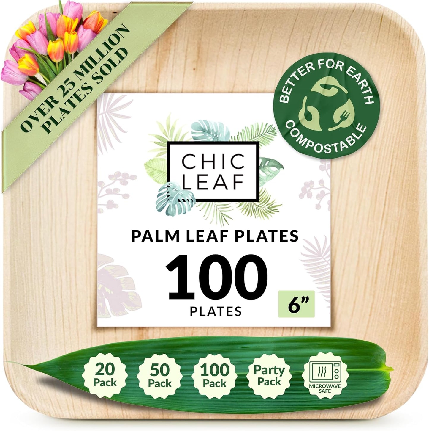 Chic Leaf Compostable & Biodegradable Palm Leaf Disposable Bamboo Plates - Disposable Party Plates for 4Th of July Appetizers & Charcuterie Boards (6'' - 50 Pack)
