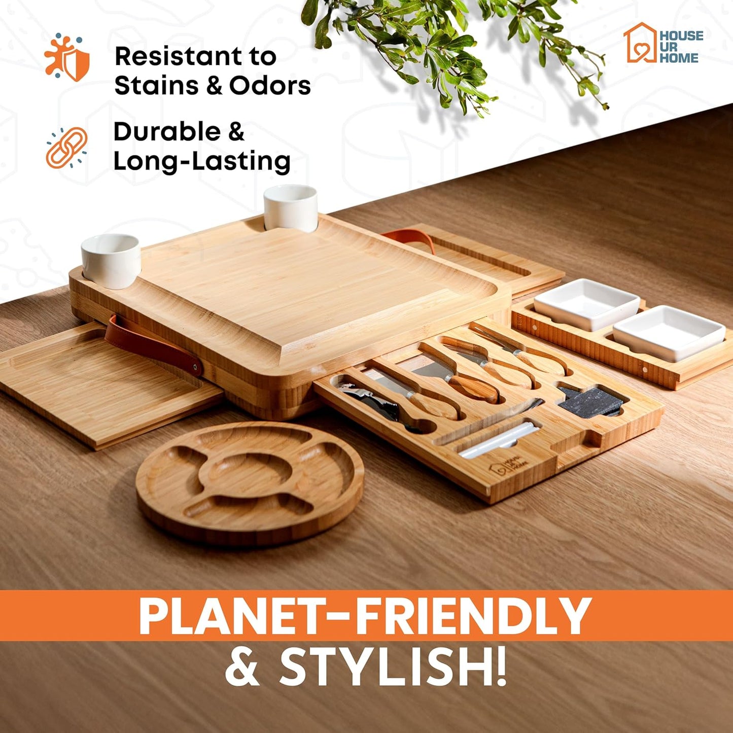 Large Bamboo Charcuterie Boards Gift Set with 4 Hidden Drawers, Cheese Knives, Ceramic Bowls & Plates, Recipe Book, Perfect House Warming Gifts New Home