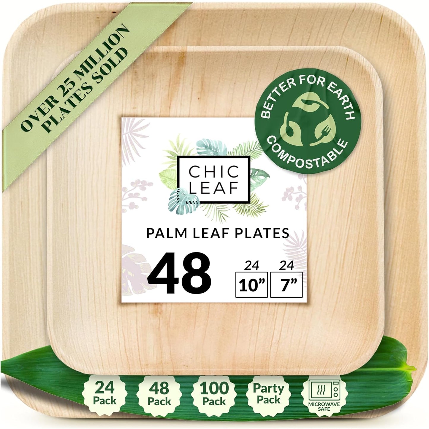 Chic Leaf Compostable & Biodegradable Palm Leaf Disposable Bamboo Plates - Disposable Party Plates for 4Th of July Appetizers & Charcuterie Boards (6'' - 50 Pack)